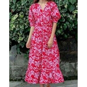 Mersea Red & Pink Floral Midi Dress with Puff Sleeves
